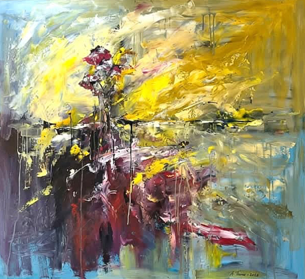 1,1 x 1,1m
Oil painting on board and black frame
R40 000