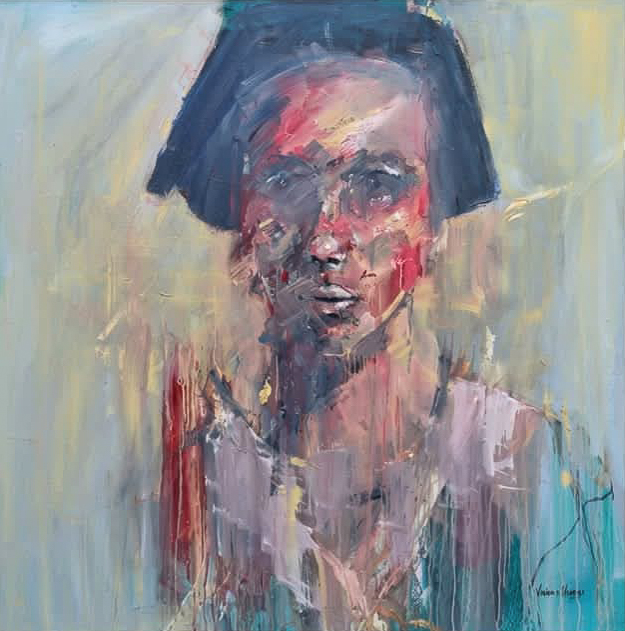 1,1 x 1,1m
Oil painting on board and black frame
R30 000